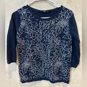 Fig Navy Blue Sweater White Floral Design intricate detail size medium